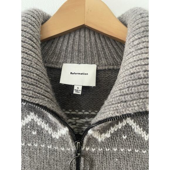Reformation 100% Merino Wool Mariposa Sweater Size Small Brown White Fair Isle - Picture 4 of 6